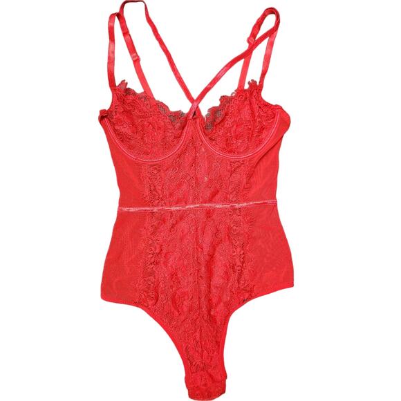 Pretty Little Thing womens S Red bodysuit lace lingerie strappy one piece - Picture 2 of 7